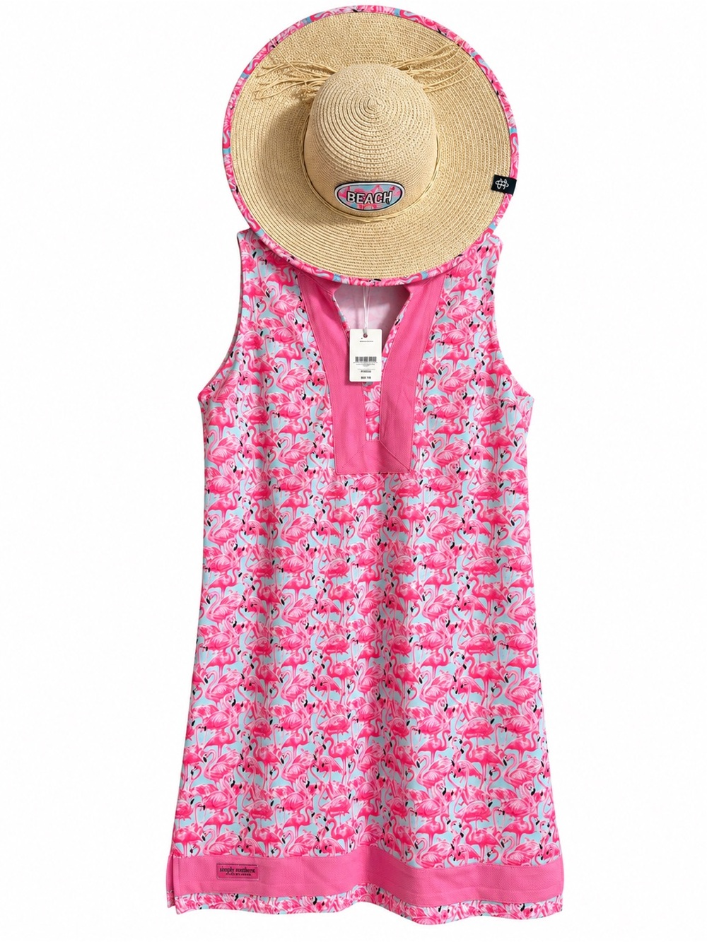 Simply Southern Flamingo Dress & Matching Straw Sun Hat Set – Large – NWT